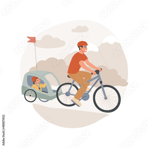 Bike trailer isolated cartoon vector illustration Parent riding bike carry trailer with kid inside, cycling with children, toddler sitting in bicycle stroller, wearing helmet vector cartoon.