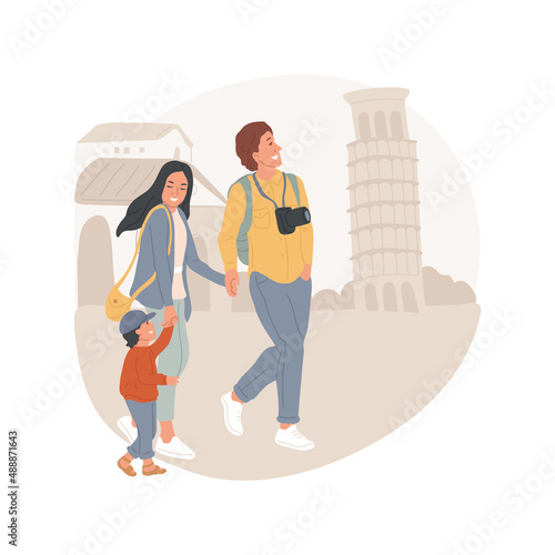 Sightseeing isolated cartoon vector illustration City tourism, family travel, taking pictures of sights, kids and parents sightseeing, historical monument, children looking up vector cartoon.