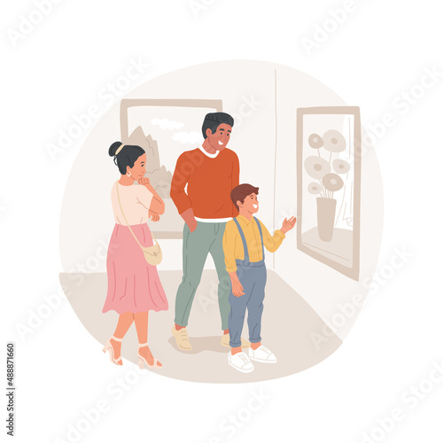 Art museum isolated cartoon vector illustration Family standing in front of a painting, visiting museum, travelling together, happy visitors in art gallery, parents with kids vector cartoon.