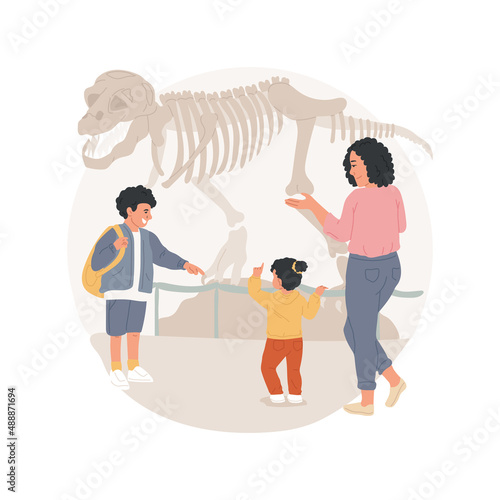 Dinosaur museum isolated cartoon vector illustration Family looking at life-size dinosaur skeleton, natural history museum, travel together, field trip, happy kids in dino park vector cartoon.