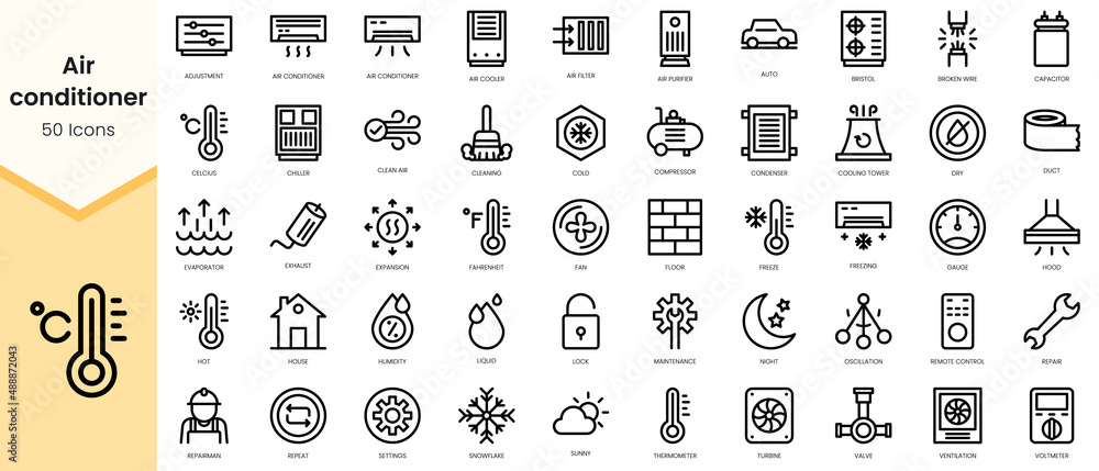 Simple Outline Set of air conditioner icons. Linear style icons pack. Vector illustration - obrazy, fototapety, plakaty 