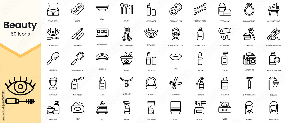 Vetor de Simple Outline Set of beauty icons. Linear style icons pack ...