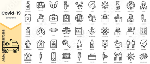 Simple Outline Set of covid 19 icons. Linear style icons pack. Vector illustration
