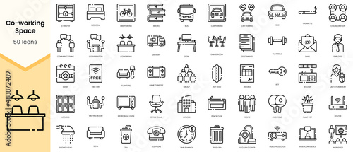 Simple Outline Set of coworking space icons. Linear style icons pack. Vector illustration