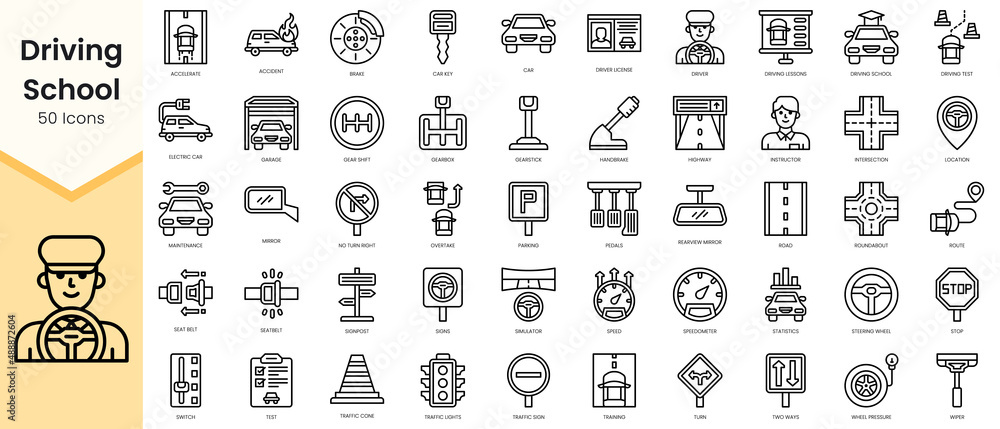 Simple Outline Set of driving school icons. Linear style icons pack. Vector illustration
