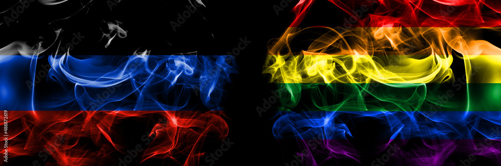Fototapeta premium Donetsk People's Republic vs Gay, Pride flag. Smoke flags placed side by side isolated on black background.