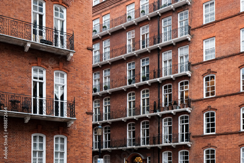 Photography Red Brick Facade of Albert Hall Mansions residential building in Kensington in c