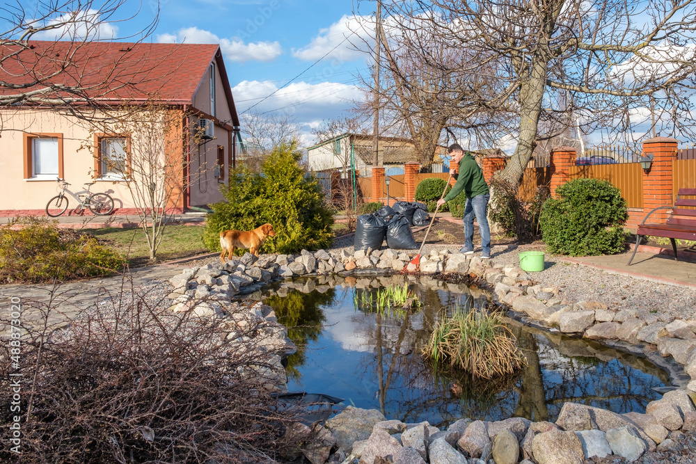Mature adult caucasian man cleans a garden pond with leaf rake from water plants and falling leaves. Spring seasonal pond care after winter. 
