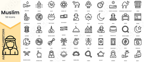 Simple Outline Set of muslim icons. Linear style icons pack. Vector illustration