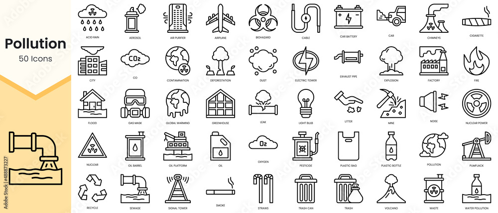 Simple Outline Set of pollution outline icons. Linear style icons pack. Vector illustration