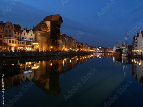 Gdansk channels with Brama Żuraw during a clear sky night © willeye