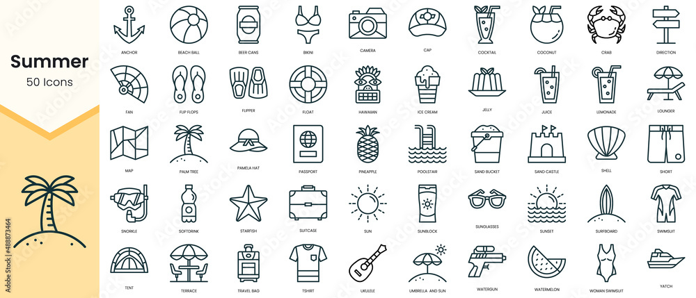 Simple Outline Set of summer icons. Linear style icons pack. Vector illustration