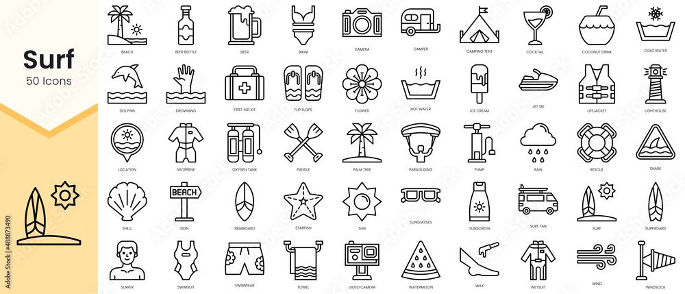 Simple Outline Set of surf icons. Linear style icons pack. Vector illustration