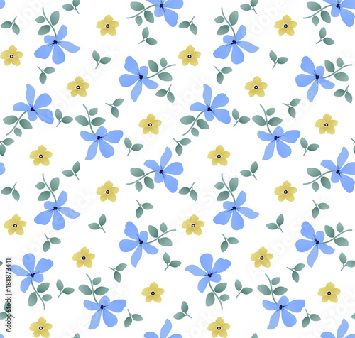 Watercolor style blue and yellow flower blossom. Beautiful hand drawn floral pattern seamless background.