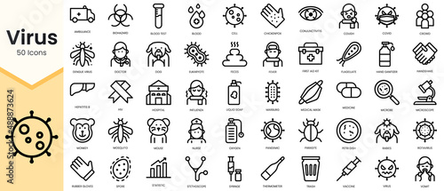 Simple Outline Set of virus icons. Linear style icons pack. Vector illustration