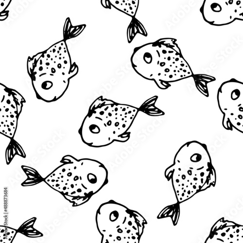 the pattern of a cute fish is a doodle. a simple children's drawing of a sea fish swimming, with a rounded black outline pattern chaotically on white for a design template.