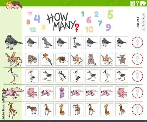 counting task for kids with cartoon animal characters