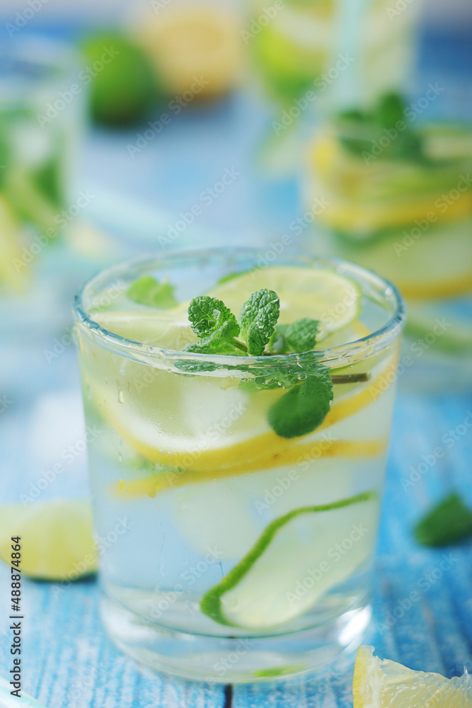 Glasses with lemon and lime lemonade Glasses with lemon and lime lemonade