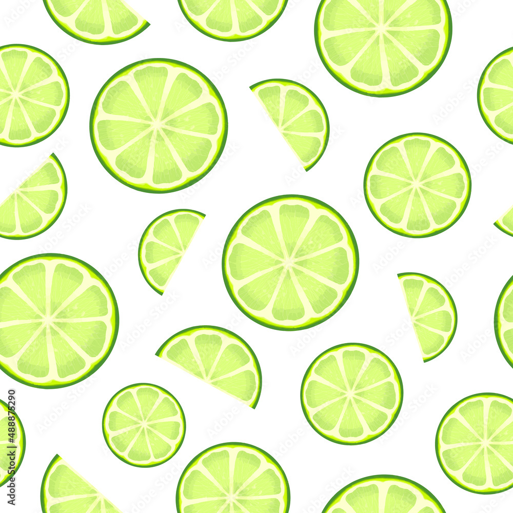 Lime slice citrus on white background. Tropical fruits. vegetarian food. Seamless pattern. illustration.