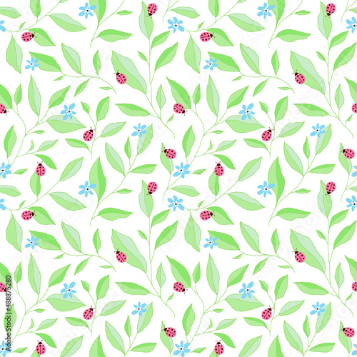 Seamless pattern with leaves  ladybugs and flowers. Cute vector floral background.