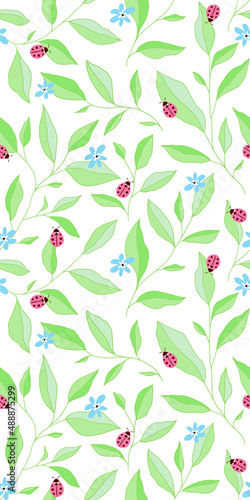 Seamless pattern with leaves, ladybugs and flowers. Cute vector floral background.