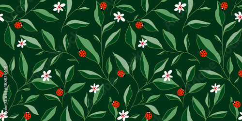 Seamless pattern with leaves, ladybugs and flowers. Cute vector floral background.