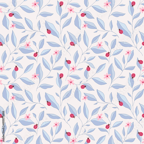 Seamless pattern with leaves, ladybugs and flowers. Cute vector floral background.