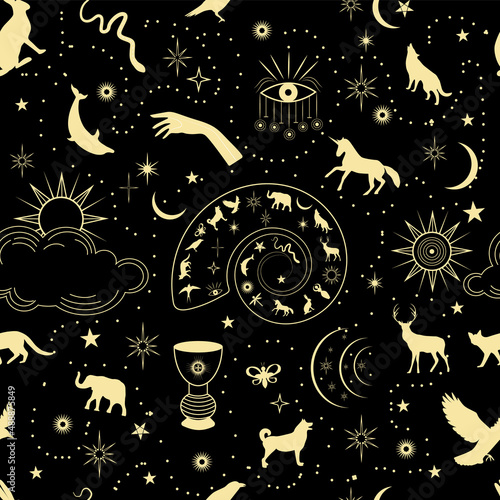Star seamless pattern and Boho astrology.Mystical and bohemian symbols of the moon, sun and stars.