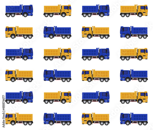 Dump truck heavy machinery transportation vehicle drawing pattern. Blue and yellow trucks background.