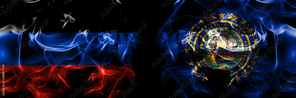 Donetsk People's Republic vs New Hampshire  flag. Smoke flags placed side by side isolated on black background.