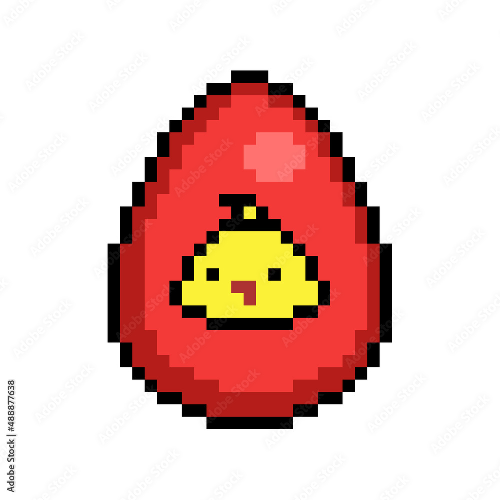 Easter egg painted red decorated with a yellow chick head sticker, 8 bit icon isolated on white background. Old school vintage retro 80s, 90s 2d video game, slot machine graphics. Easter egg painted red decorated with a yellow chick head sticker, 8 bit icon isolated on white background. Old school vintage retro 80s, 90s 2d video game, slot machine graphics.