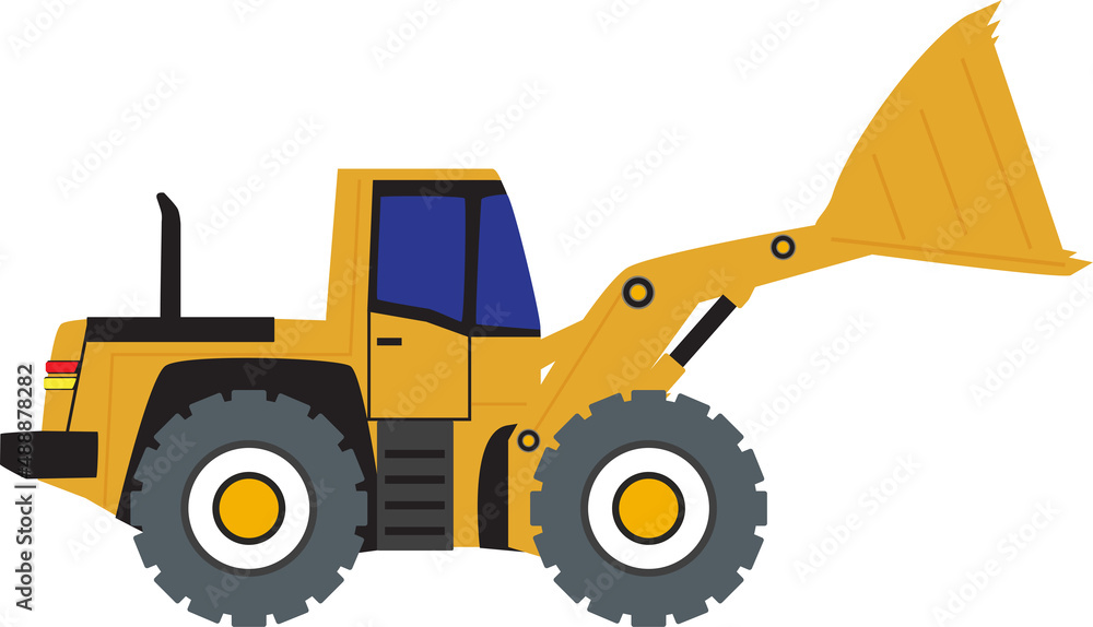 Bulldozer, heavy machinery transportation vehicle drawing.