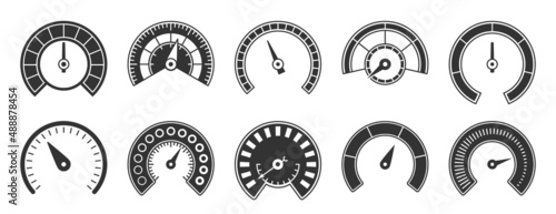Speedometer indicator dashboard black glyph set. Transport icon measurement speed load scale driving symbol. Traffic online download power progress internet technology traffic measuring isolated white