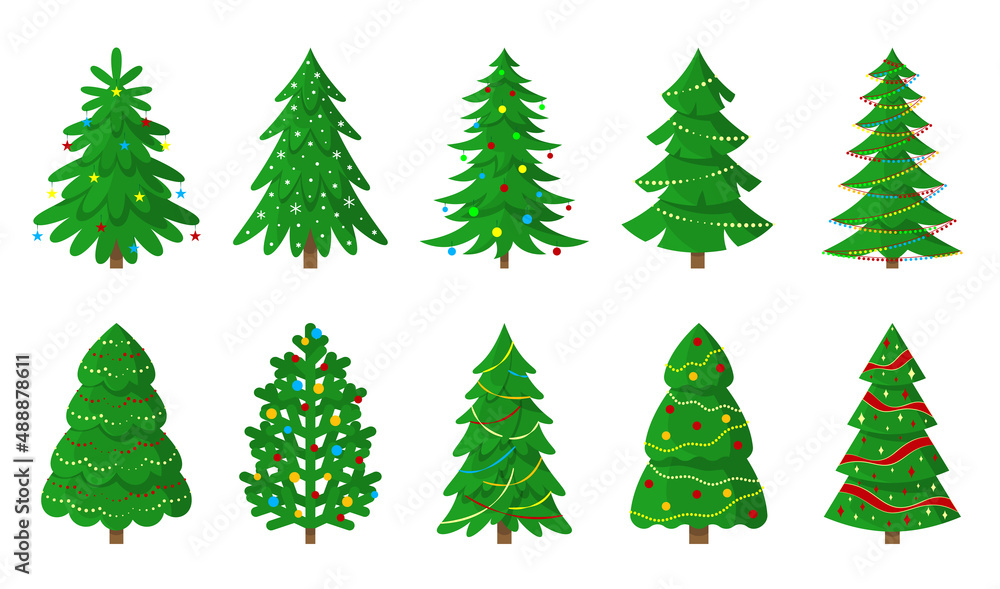 Christmas tree richly decorated holiday flat set. Xmas traditional object green variety toy light. Simple evergreen icon print postcard sticker decoration collage new year advertising isolated white