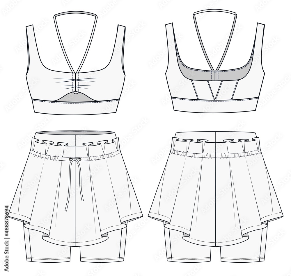 Womens Bra and skirt fashion flat template. Sports wear fashion design ...