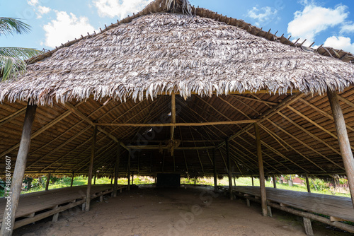 Architecture of a maloca in the indigenous community of the Ticunas, San Martin, Amazonia, Colombia