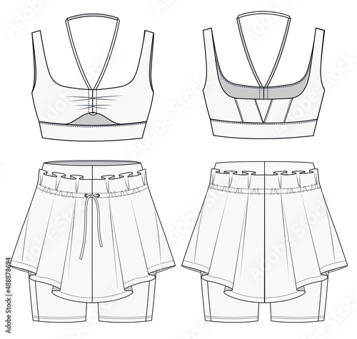 Womens Bra and skirt fashion flat template. 
Sports wear fashion design set. Girls Crop Top fashion flat template. Technical Fashion Illustration. Sports Bra and Skirt CAD.