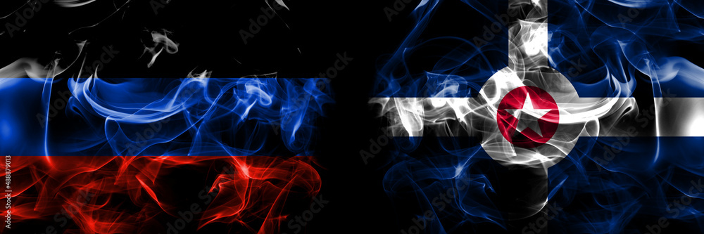 Donetsk People's Republic vs United States of America, America, US, USA, American, Indianapolis, Indiana flag. Smoke flags placed side by side isolated on black background.