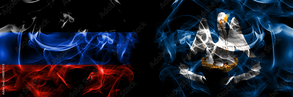 Donetsk People's Republic vs United States of America, America, US, USA, American, Louisiana flag. Smoke flags placed side by side isolated on black background.
