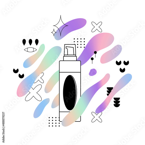 Cosmetic tube dispenser for lotion, cream. Bottle of face, hair or body care product. Vector illustration on the background of holographic splashes.