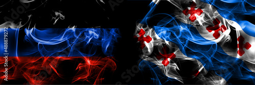 Donetsk People's Republic vs United States of America, America, US, USA, American, Rockville, Maryland flag. Smoke flags placed side by side isolated on black background.