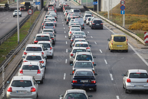 Traffic jam on an express road, several cars waiting in the queue