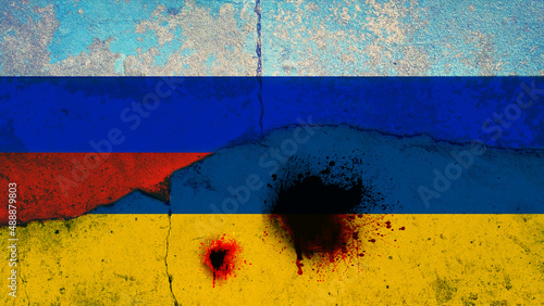 flag of of Ukraine with bloody gunshot wounds and Kremlin Russia, relationships war conflict between the countries occupation of the territory