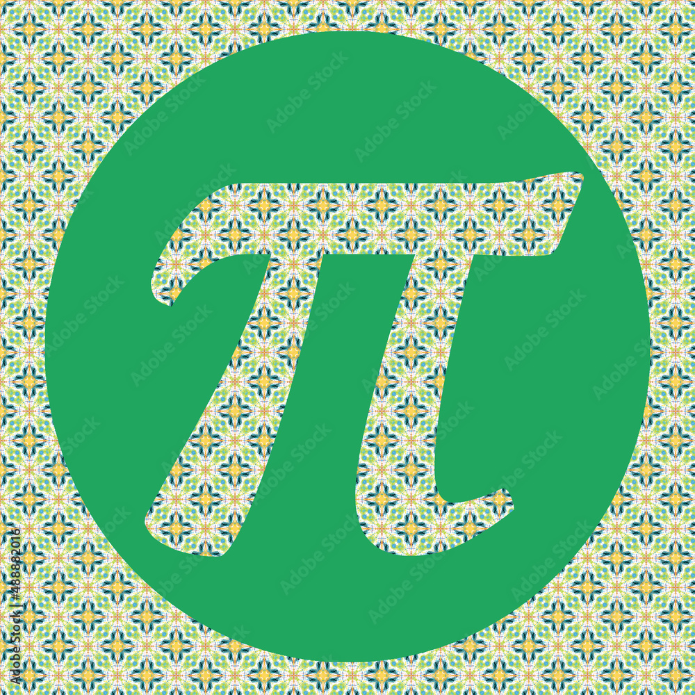 Pi day holiday Greek letter pi inside a green circle with pretty yellow and green pattern. March 14  is Pi day since pi equals 3.14   π is the ratio of the circumference of a circle to its diameter.  - obrazy, fototapety, plakaty 
