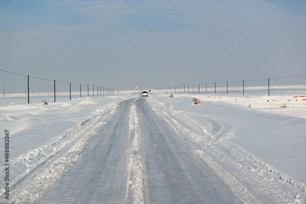 Snowy rural road,  Aksu Prefecture, Xinjian, China