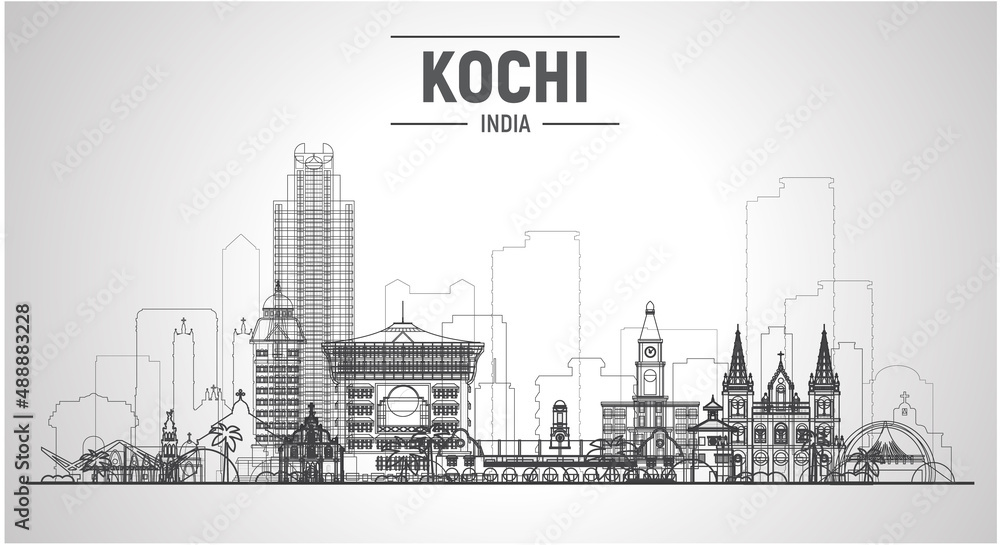 Kochi ( India ) city line skyline at white background. Flat vector illustration. Business travel and tourism concept with modern buildings. Image for banner or website
