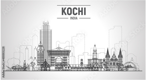 Kochi ( India ) city line skyline at white background. Flat vector illustration. Business travel and tourism concept with modern buildings. Image for banner or website 