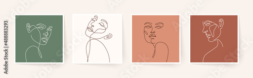 Set of stylized woman faces. Modern single line art. Woman beauty fashion concept, minimalistic style.