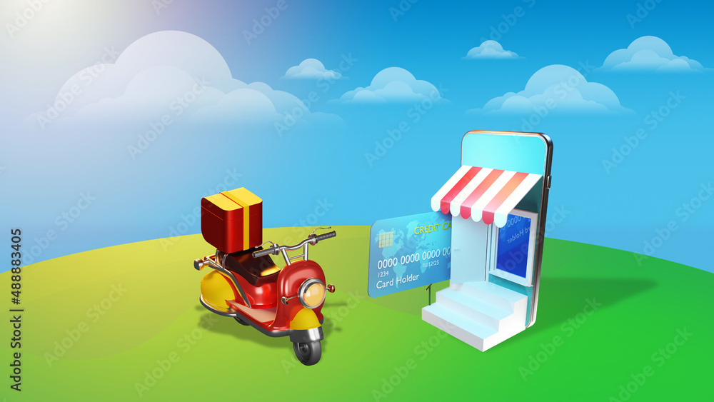Naklejka premium Shop app with delivery. Purchase in mobile applications. Ordering goods with delivery. Phone with showcase symbolizes online commerce. Moped for delivery near store. Scooter on summer lawn. 3d image.