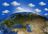 View of planet Earth space. Fragment globe with European continent. Sky with clouds over planet. Detailed rendering of globe. Europe from space. 3d rendering of planet Earth, elements from NASA